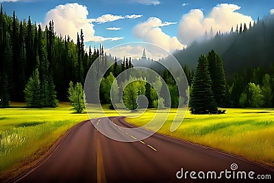 Beautiful 3D Nature and landscape wallpaper with a mountain view and pine trees across a rural road, generative ai Cartoon Illustration