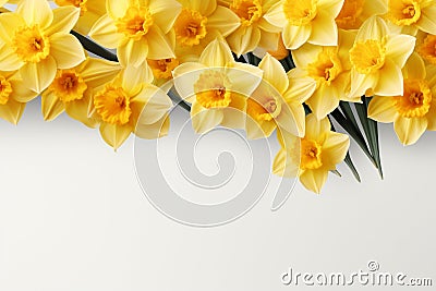 Beautiful daffodils on white background, top view. Space for text Stock Photo