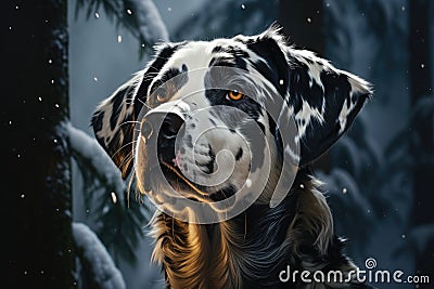 Beautiful Dalmatian dog in a snowy forest. Generative AI Stock Photo