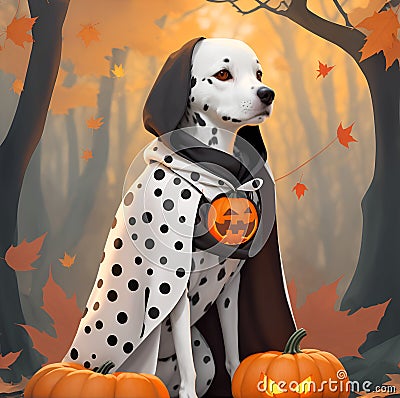 Beautiful Dalmatian sitting next to some pumpkins. Dog in a witch costume, pumpkin in paw. Postcard for pet lovers. Pet character Stock Photo