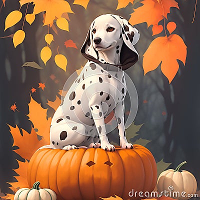 Beautiful Dalmatian sitting on some pumpkins. Dog in a witch costume, pumpkin in paw. Postcard for pet lovers. Stock Photo