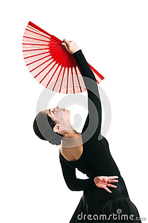 Beautiful dancer girl with a red fan Stock Photo