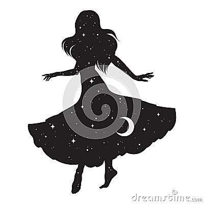 Beautiful dancing gypsy silhouette with crescent moon and stars isolated. Boho chic tattoo, sticker or print design vector Vector Illustration