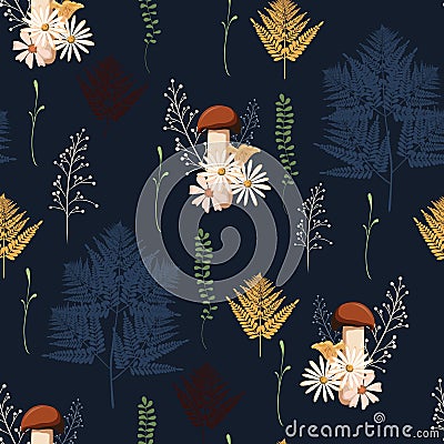 Beautiful dark Autumn seamless pattern vector with mushrooms, berries, fern, herbs and leaves. Stock Photo