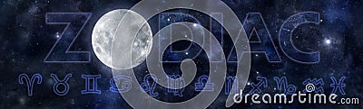 The twelve celestial signs and Moon in a Zodiac Night Sky Stock Photo