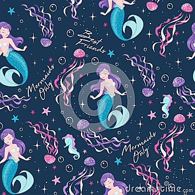 Beautiful dark blue mermaid pattern. Girl print. Design for kids. Fashion illustration drawing in modern style for clothes or Vector Illustration