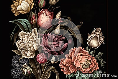 Beautiful dark floral pattern of flowers and leaves on a dark moody background Stock Photo