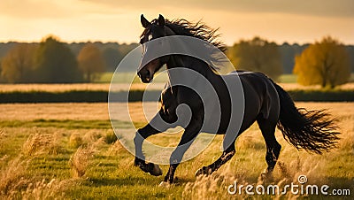 Beautiful dark horse runs in nature freedom Stock Photo