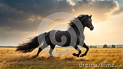 Beautiful dark horse runs in nature freedom energy Stock Photo