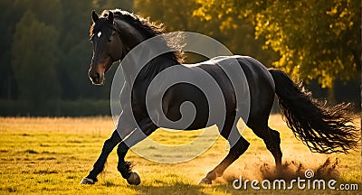Beautiful dark horse runs in nature freedom energy elegance Stock Photo