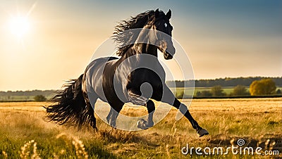 Beautiful dark horse runs in nature freedom energy elegance outside field Stock Photo