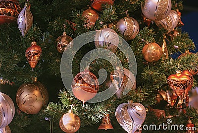 Beautiful decorated christmas tree with gold and white Christmas decoration ball. Stock Photo