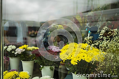 Beautiful decorated flower shop window,russia Stock Photo