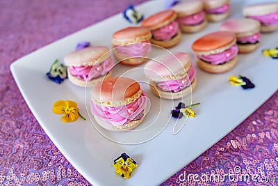 Beautiful decorated pink macaroon cookies filled with pink creme. Stock Photo