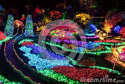 Beautiful decorations with colorful lights on Christmas day in the Butchart Gardens Stock Photo