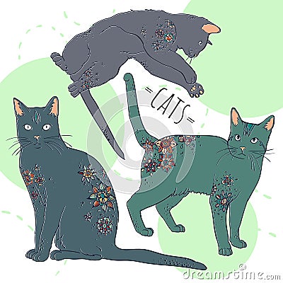 Beautiful decorative vector cat in shade of blue, green and grey colors Vector Illustration