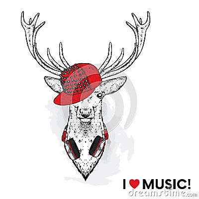 A beautiful deer in a stylish cap with spikes. Deer with headphones. Vector illustration for a postcard or a poster. Vector Illustration