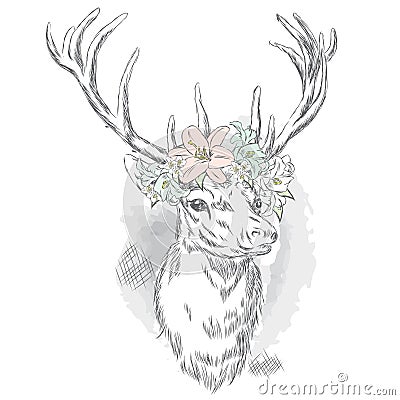 Beautiful deer in a wreath of flowers. Vector Illustration