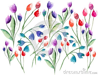 Beautiful delicate bright spring colorful herbal red pink violet tulips and blue bluebells with leaves composition Stock Photo