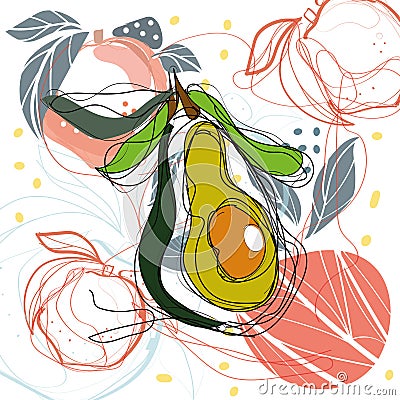 A beautiful and delicate fruit and avocado line art style background for your designs Stock Photo