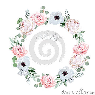 Beautiful delicate peony, anemone, rose, brunia flowers and eucalyptus leaves round vector frame Vector Illustration