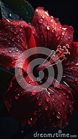 Beautiful delicate red flower, hibiscus, close-up macro photography. Generative Ai Stock Photo