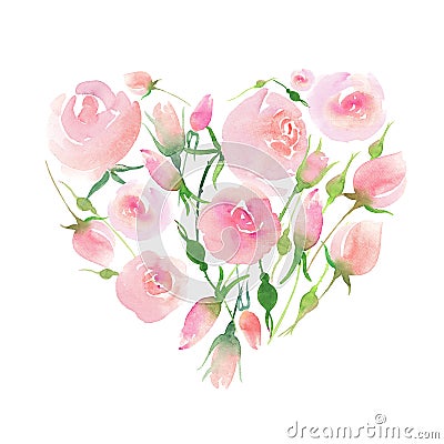 Beautiful delicate tender cute elegant lovely floral colorful spring summer pink and red roses with buds and leaves bouquet like a Cartoon Illustration