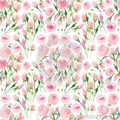 Beautiful delicate tender cute elegant lovely floral colorful spring summer pink and red roses with buds and leaves bouquet waterc Cartoon Illustration