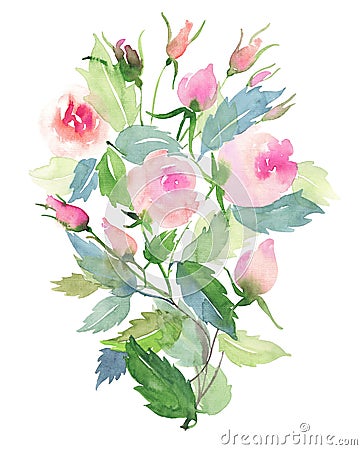 Beautiful delicate tender cute elegant lovely floral colorful spring summer pink and red roses with buds and leaves bouquets patte Cartoon Illustration