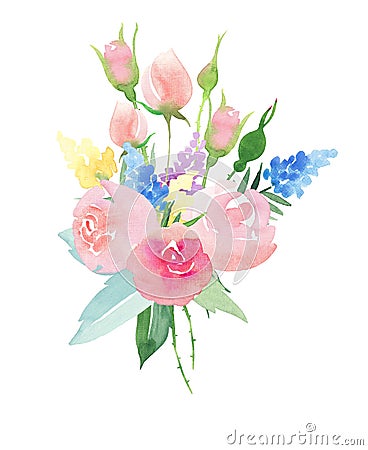 Beautiful delicate tender cute elegant lovely floral colorful spring summer pink and red roses and yellow blue purple wildflowers Cartoon Illustration