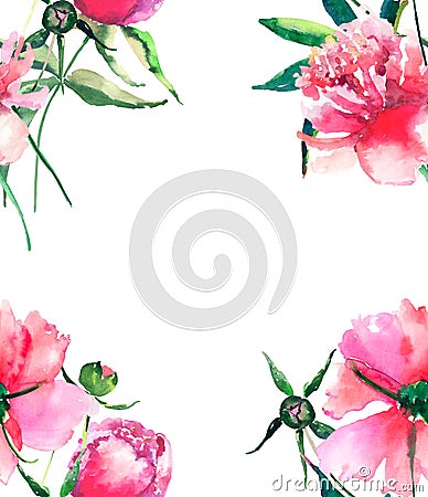 Beautiful delicate tender cute lovely floral colorful spring summer pink, red, orange peonies with green leaves and buds frame wat Stock Photo