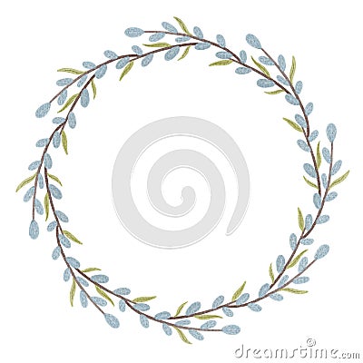 Beautiful delicate wreath of pussy willow twigs on a white background with a place for text. Stock Photo