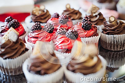 Beautiful delicious cakes. confectionery curry at a festive party. many sweet muffins on a tray Stock Photo