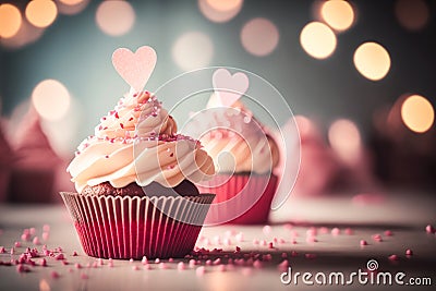 Beautiful and delicious festive cupcake against blurred lights background. Stock Photo