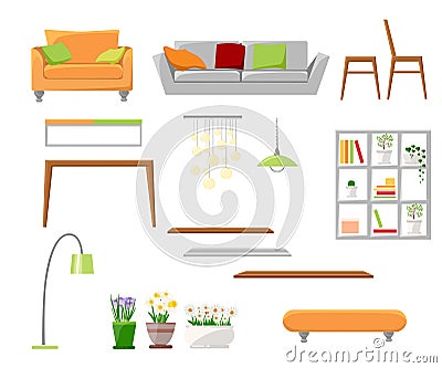 Beautiful design elements, Vector illustration of living room furniture in mid century modern style. Cartoon Illustration