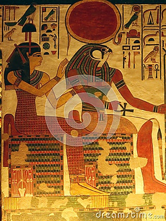 The designs in Nefertari tomb - Imentet enthroned with Ra in Luxor in Egypt Stock Photo
