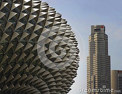 Beautiful detail view of the modern and amazing Esplanade theater under a blue sky Editorial Stock Photo