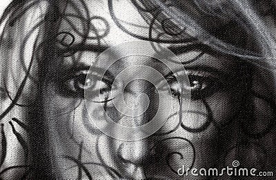 Beautiful detail Woman Painting and abstract black lines. Stock Photo