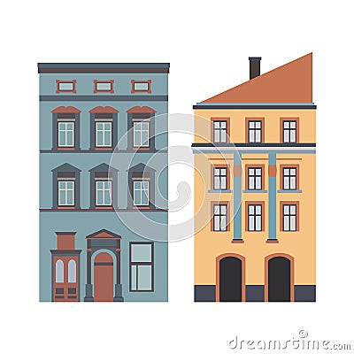 Beautiful detailed cartoon cityscape collection with townhouses. Small town street victorian building facades. Template Vector Illustration