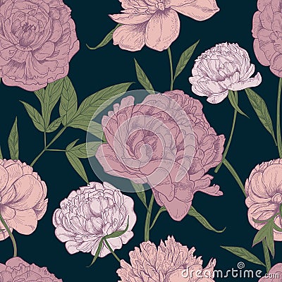 Beautiful detailed peonies seamless pattern. Hand drawn blossom flowers and leaves. Colorful vintage vector illustration Vector Illustration