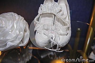 Beautiful details of the bride's wedding fees, shoes Stock Photo