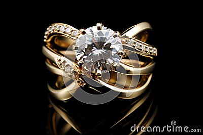 a beautiful Diamond golden ring on black background generative AI Stock Photo