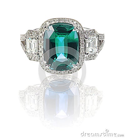 Beautiful Diamond ring with blue green gemstone center stone Stock Photo