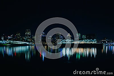 Beautiful Dieppe Park port night skyline with colorful light reflections on the river Stock Photo