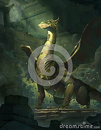 The beautiful digital art illustration of mythical dragon Cartoon Illustration