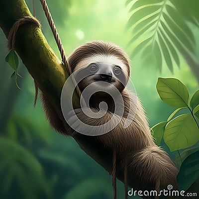 beautiful digital painting of a baby sloth hanging from a tree with a lush green rainforest background in a photorealistic style- Stock Photo