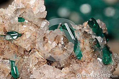 Beautiful Dioptase Crystals in Calcite matrix stone Stock Photo