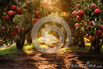 A beautiful dirt road winding through a dense forest with an enchanting natural ambiance, A sunlit path through an organic apple Stock Photo
