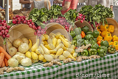 Beautiful display of radishes, yellow squash, onions, ginger and a verity of colored peppers Stock Photo