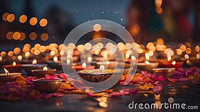 Beautiful diwali diya lamps lit on colorful rangoli background Generative AI Cartoon Illustration